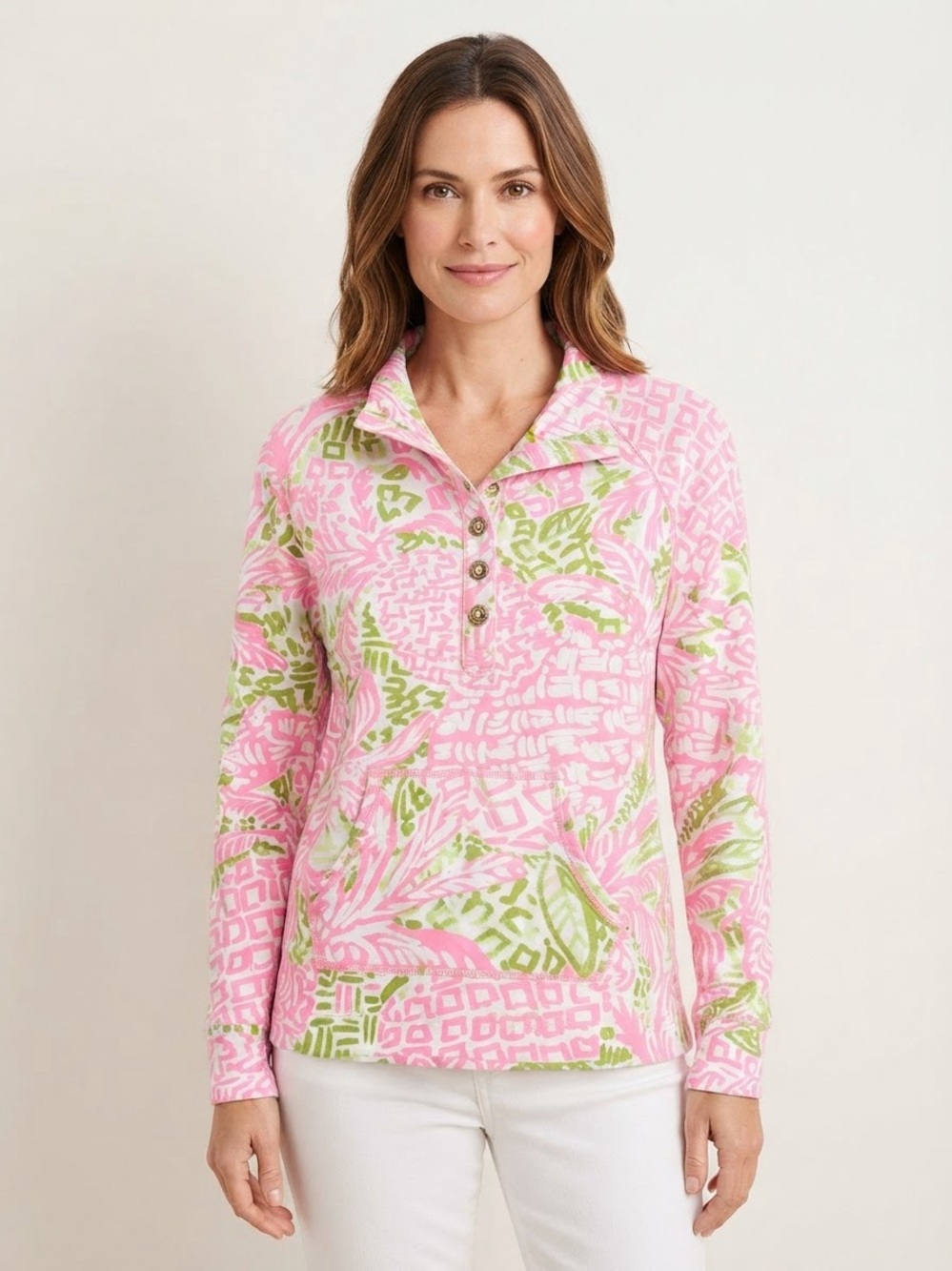 Lilly Pulitzer Sz L Captain Popover Tropical Green Pink Long Sleeves Sweater